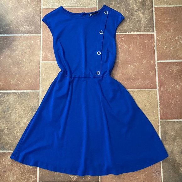 New York & Company Dresses & Skirts - NY&Company M royal blue dress, pockets, fit-and-flare, button detail